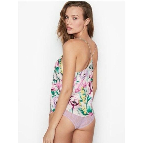 Victorias Secret Satin Pink Purple White Floral Tank Shorts Pajama Set Medium - Picture 2 of 10